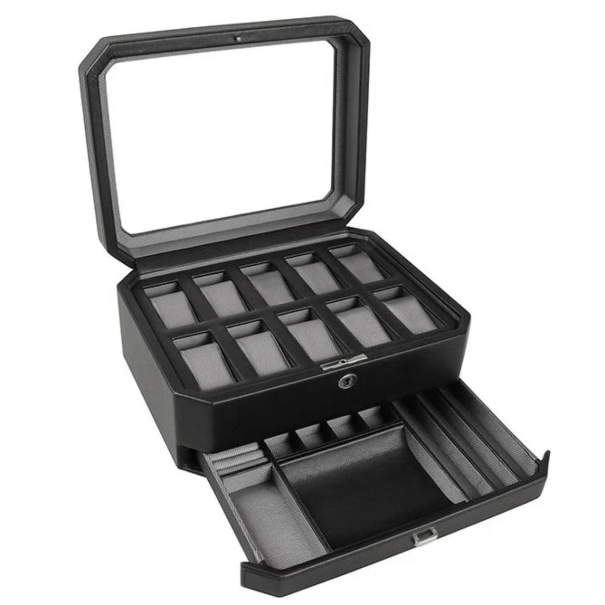 Black 10-watch display box with lid open, grid compartments and pull-out drawer
