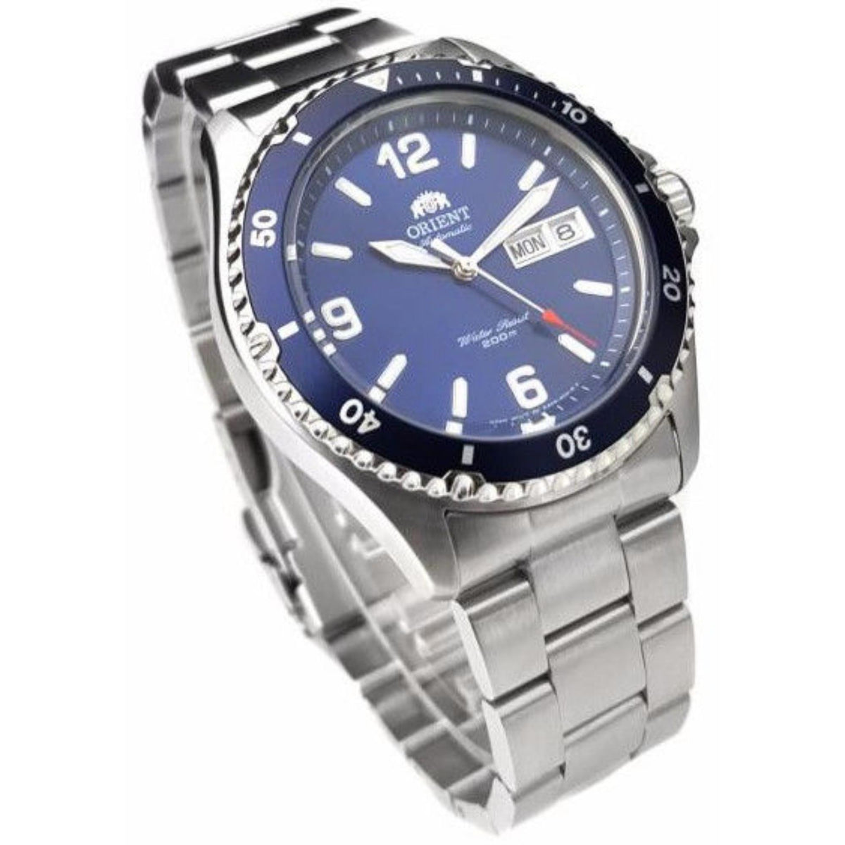 Men's automatic watch with blue dial and steel bracelet, angled view of watch case