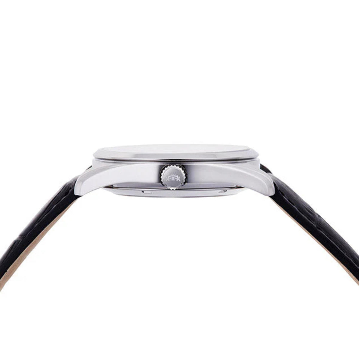 Men's automatic watch top view with brushed metal case and black leather strap