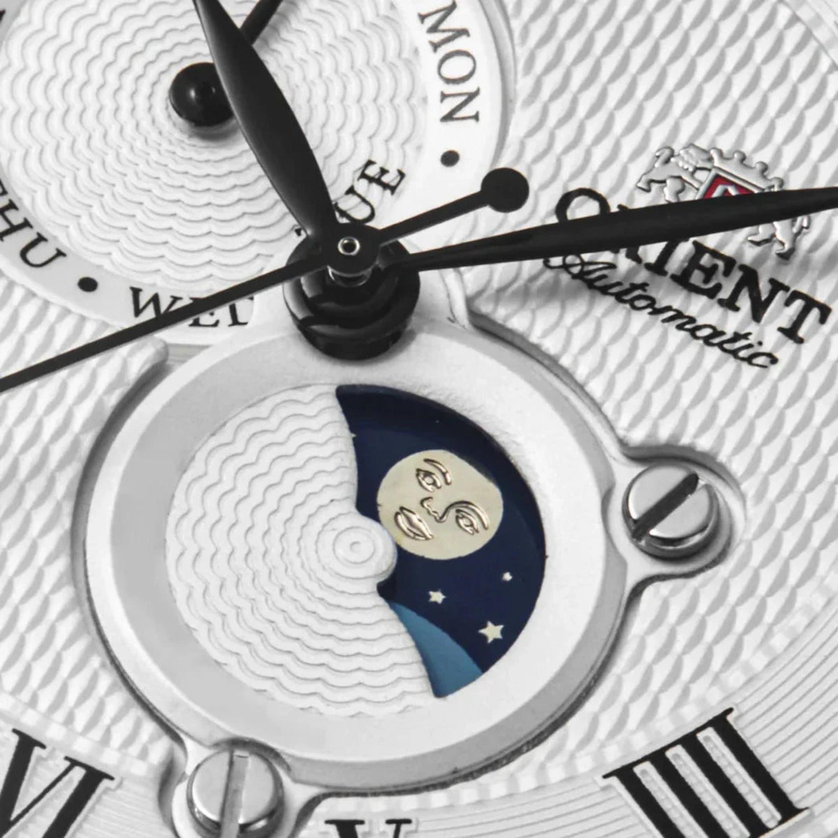Orient Sun & Moon RA-AK0008S30B automatic watch caseback with transparent window and moon-themed dial insert, silver back