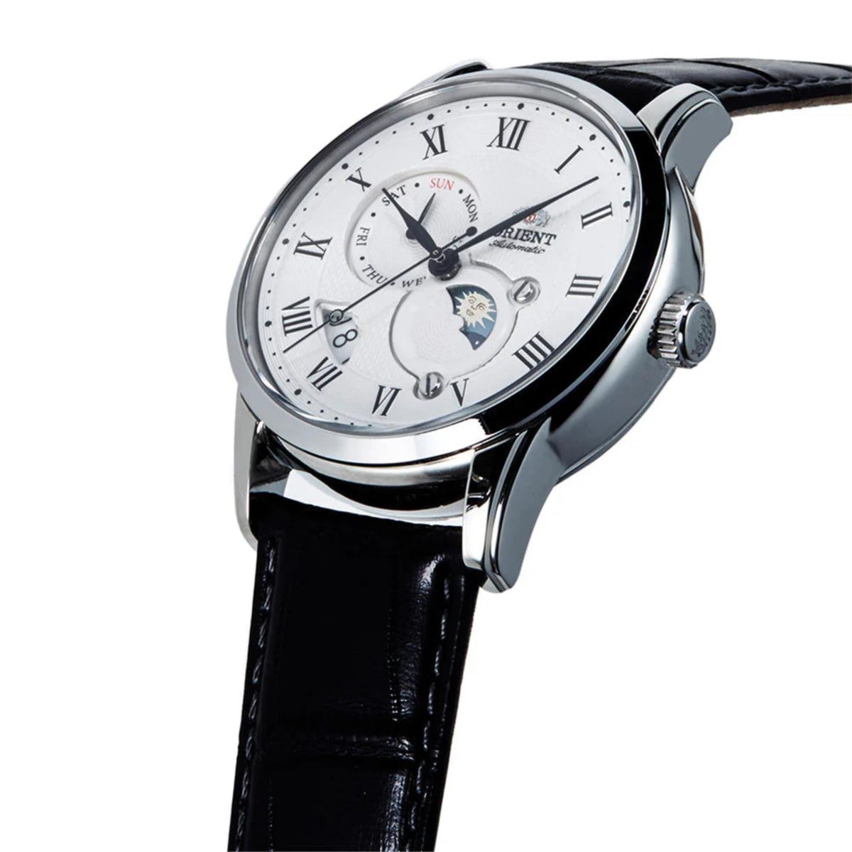 Orient Sun & Moon RA-AK0008S30B mens automatic wristwatch with white dial, Roman numerals, blue-dark leather strap and crown