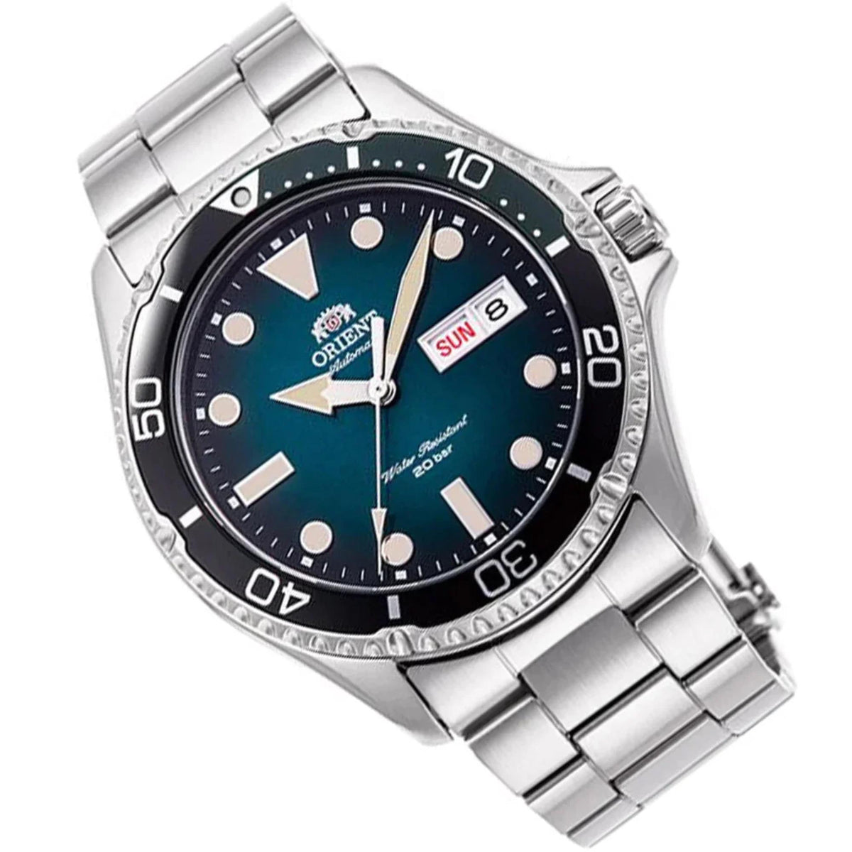 Men's automatic watch with teal-green dial, steel case, bracelet, and day-date window