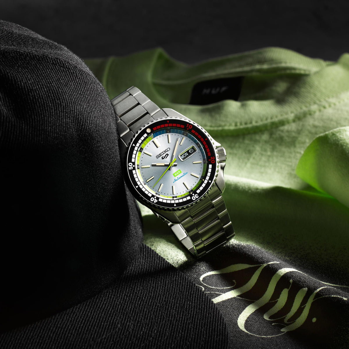 Seiko 5 Sports x HUF SRPL33K1 lifestyle watch composition close up