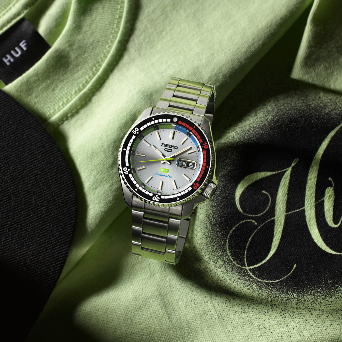 Seiko 5 Sports x HUF SRPL33K1 centered flat lay view