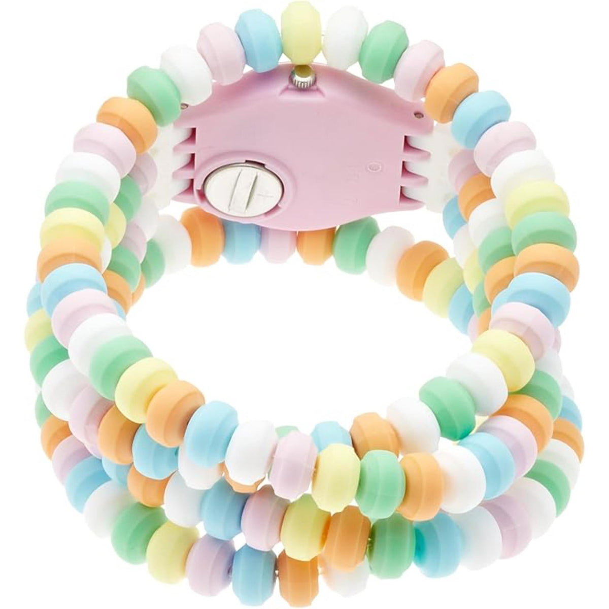 Women's Swatch quartz watch top view with pink case and multicolor bead bracelet