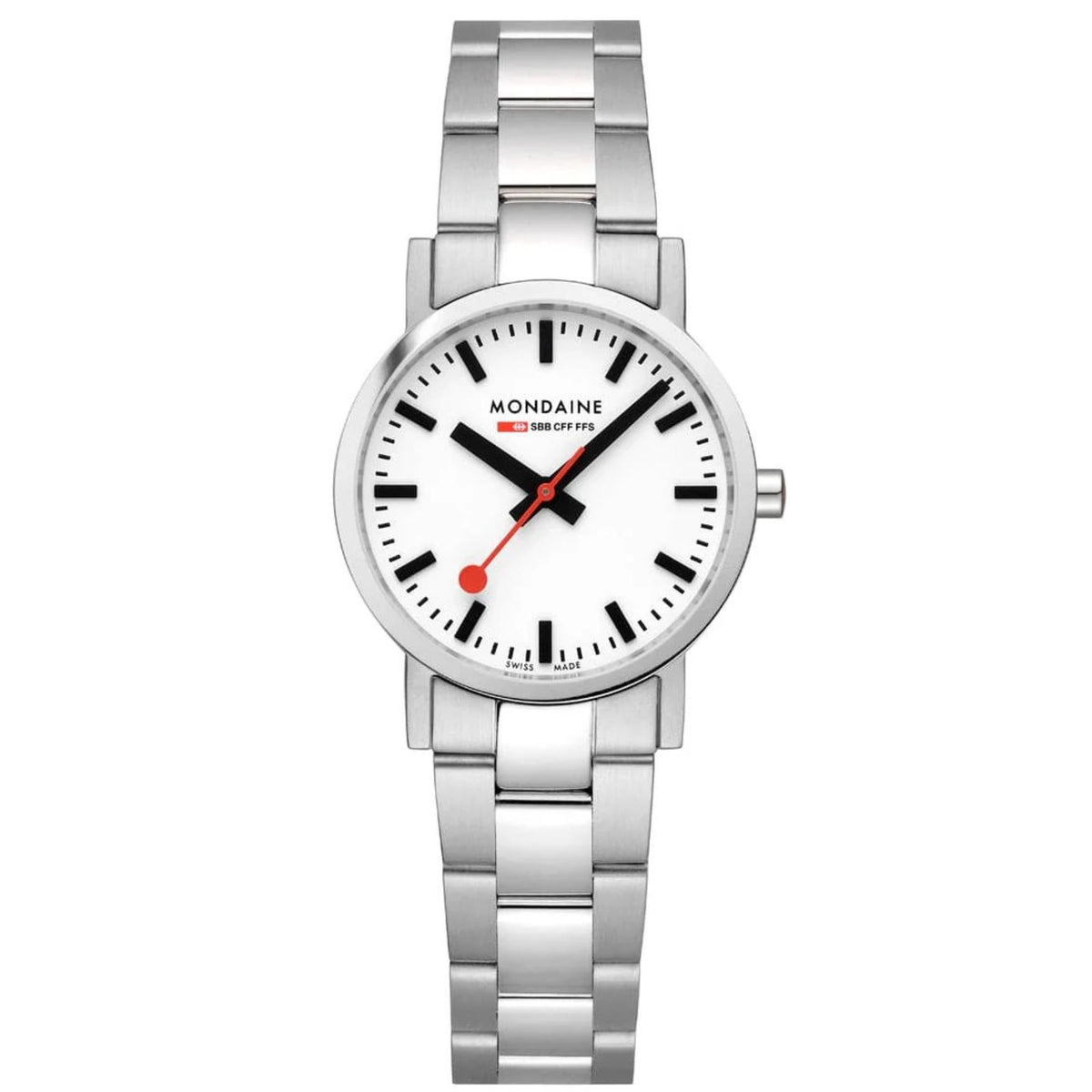 Round steel ladies quartz watch with white dial, red second hand, metal bracelet