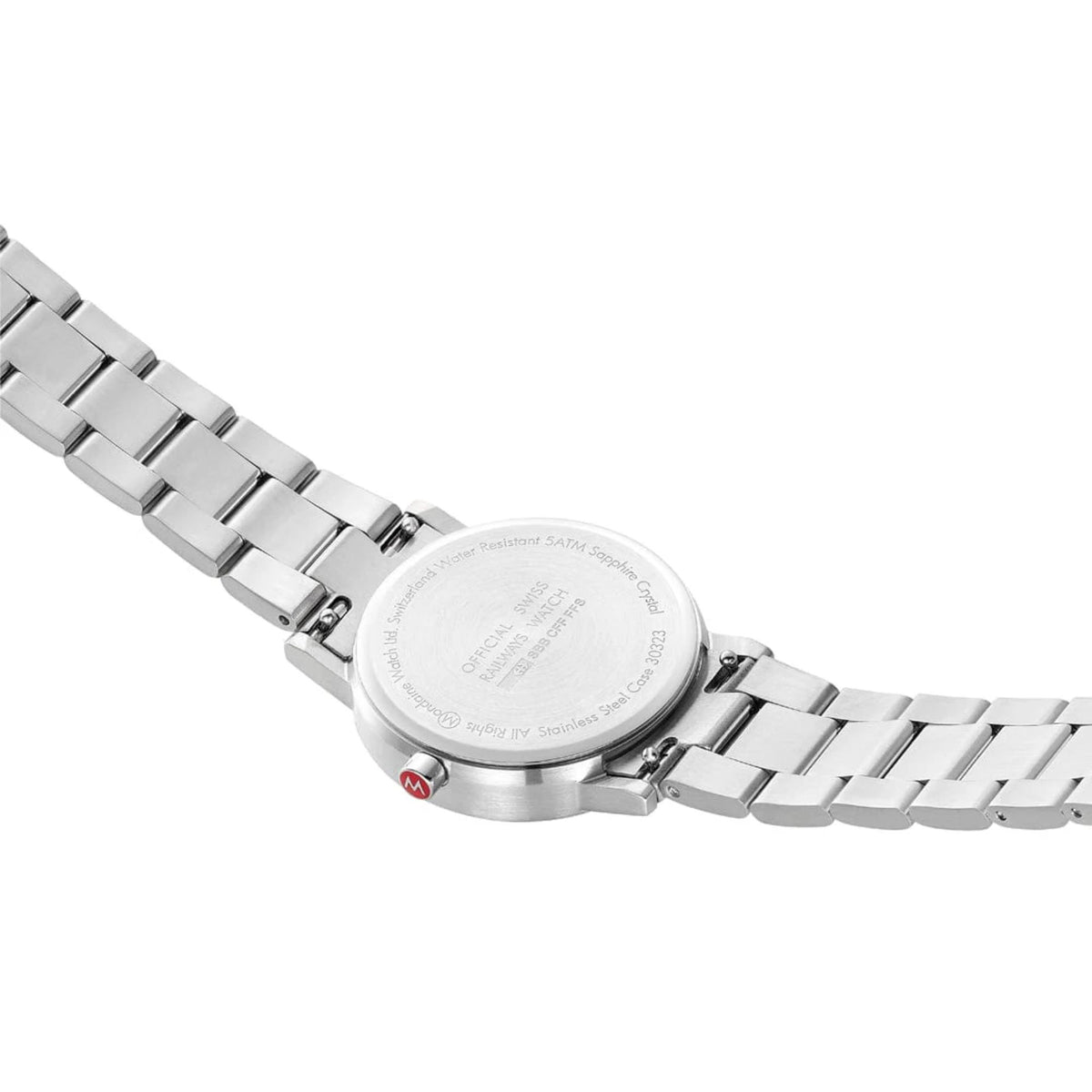 Steel ladies quartz watch caseback with engraved text and polished link bracelet