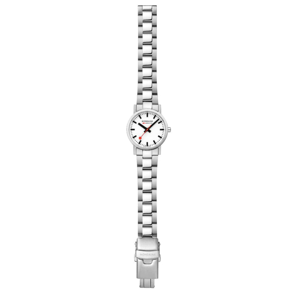 Steel ladies quartz watch with white dial, red hands, and round profile on bracelet