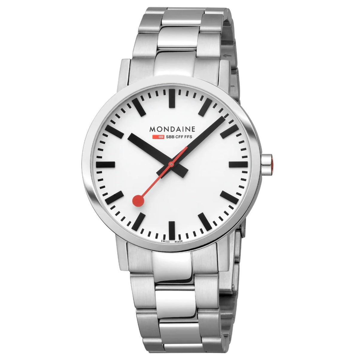 Steel strap wristwatch with white dial, black markers, and red second hand