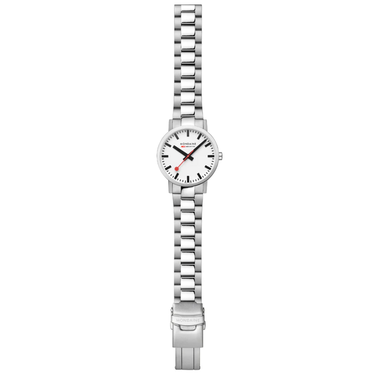 Steel bracelet wristwatch with white dial and red-accent black hands, full view