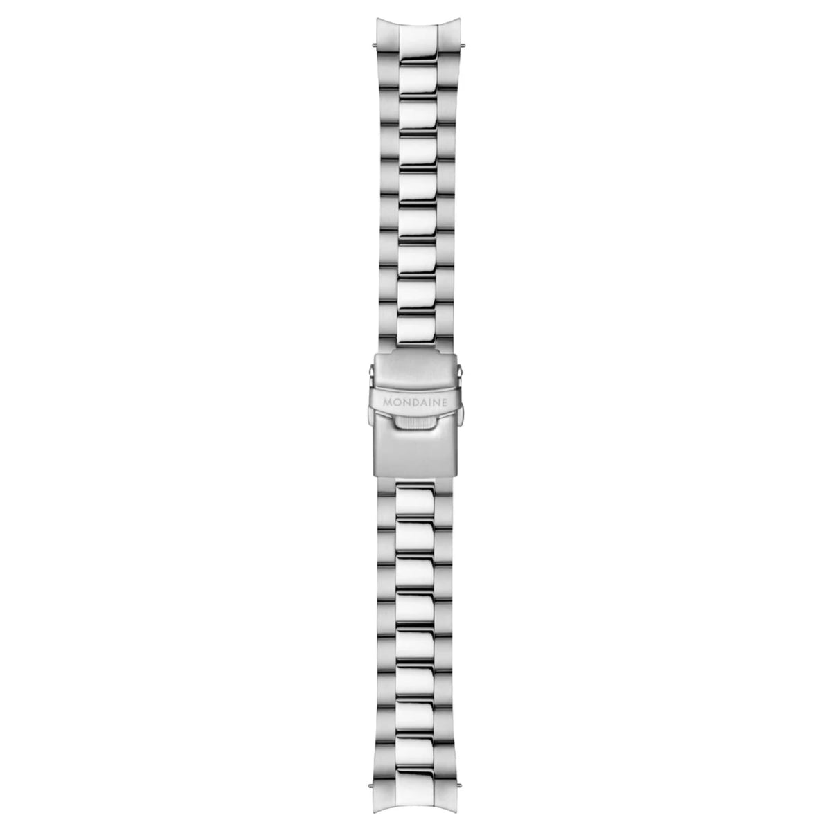 Steel watch bracelet links for a white-dial wristwatch, side view