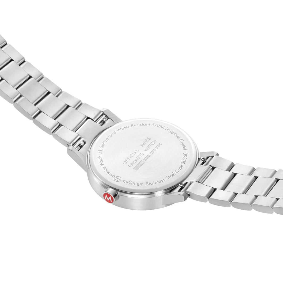 Mondaine Classic Mens Quartz Watch A660.30360.81SBJ, solid case back, detailing official Swiss Railways branding