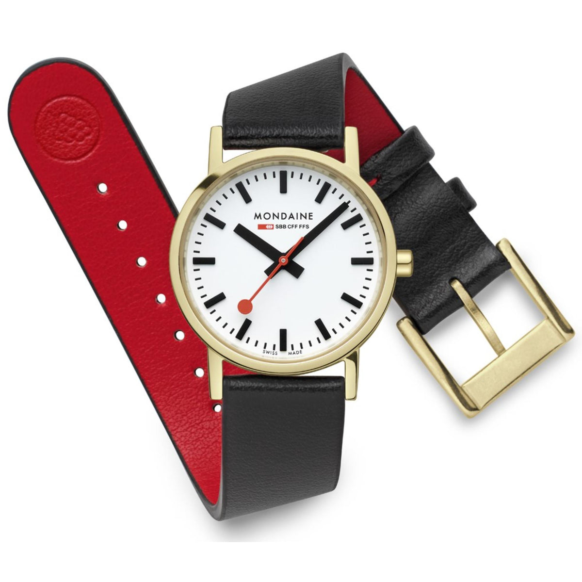 Mondaine women’s watch with white dial, black leather strap, and gold-tone buckle