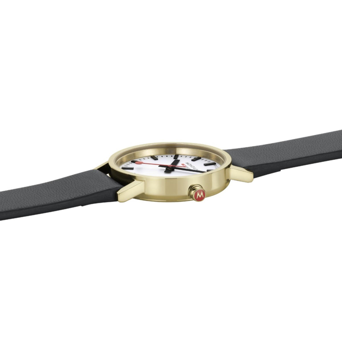 Mondaine women’s watch back view with black leather strap and gold-tone case