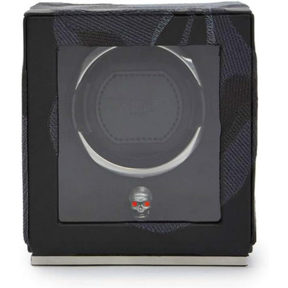 Single watch winder front panel with circular view window and wolf logo dial