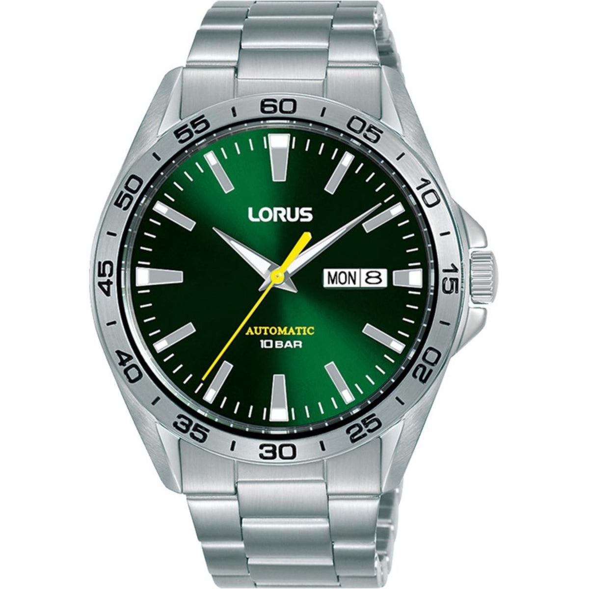 Men's stainless steel automatic sports watch with green dial and date window