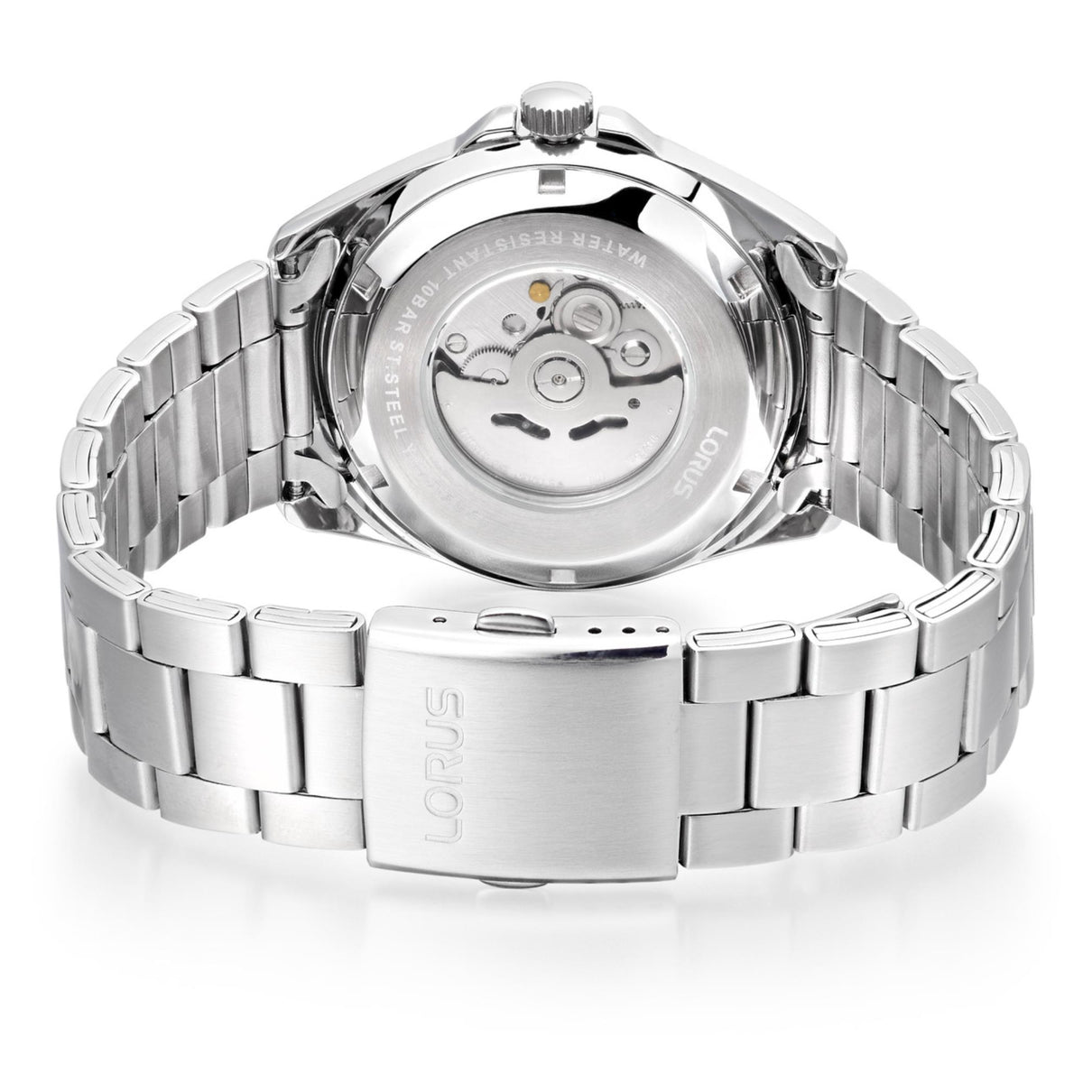 Men's stainless steel automatic watch caseback with exposed movement and bracelet