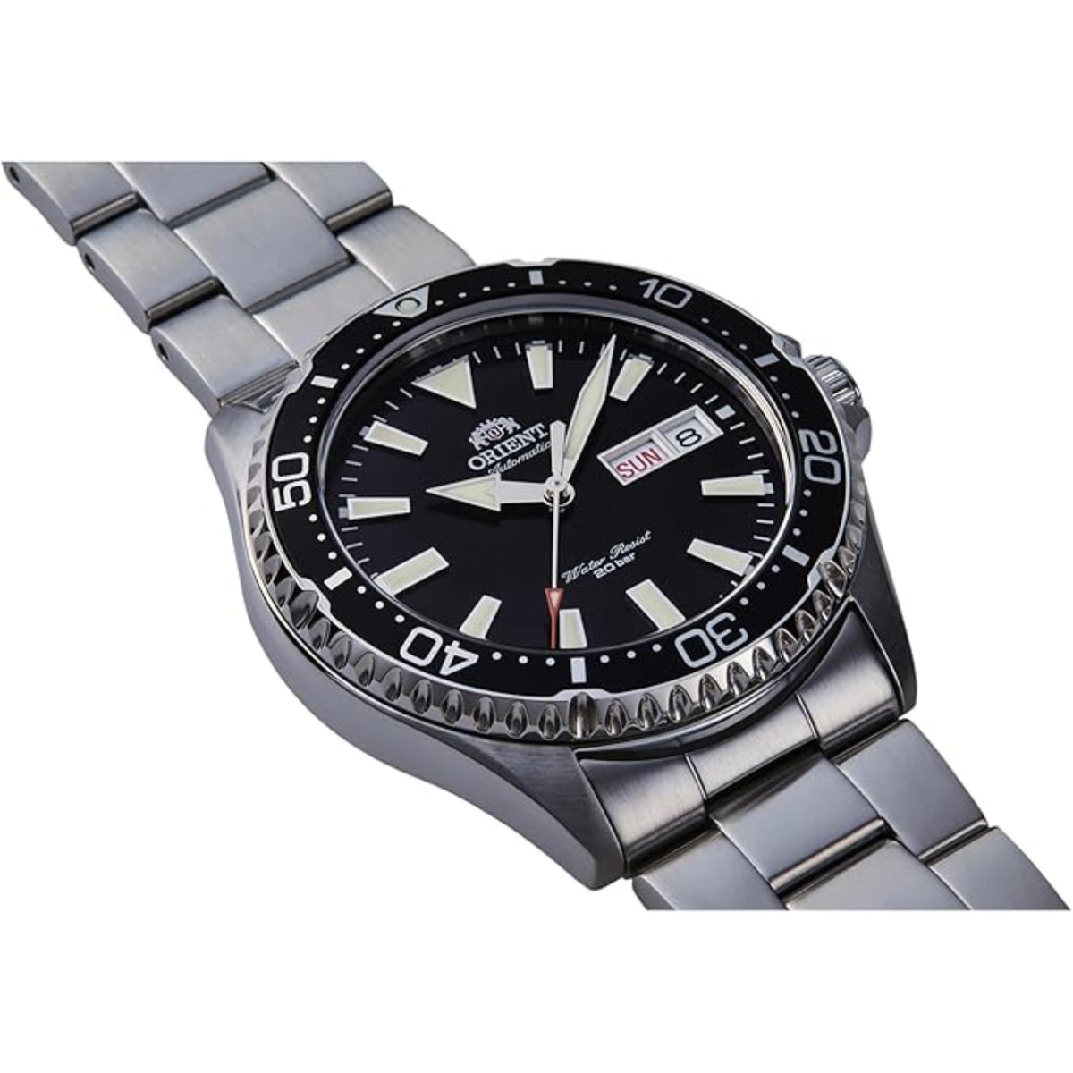 Angled view highlighting the 42mm case, black dial display, and metal link bracelet of the Orient Mako RA-AA0001B39B watch