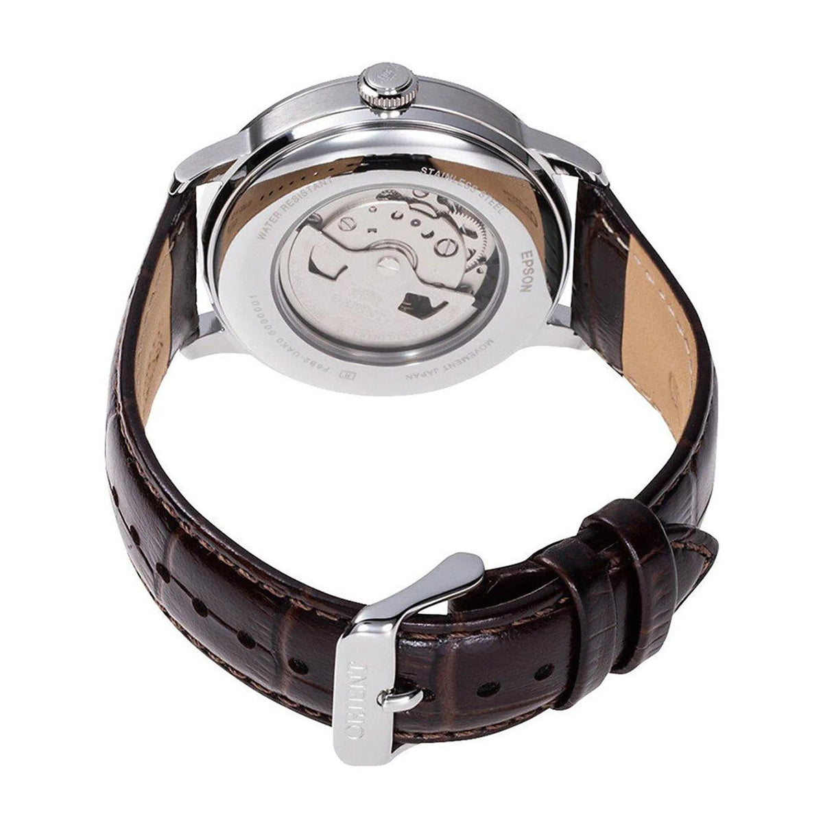 Orient Bambino Sun & Moon RA-AK0804Y30B automatic watch back with stainless steel case and dark brown leather strap