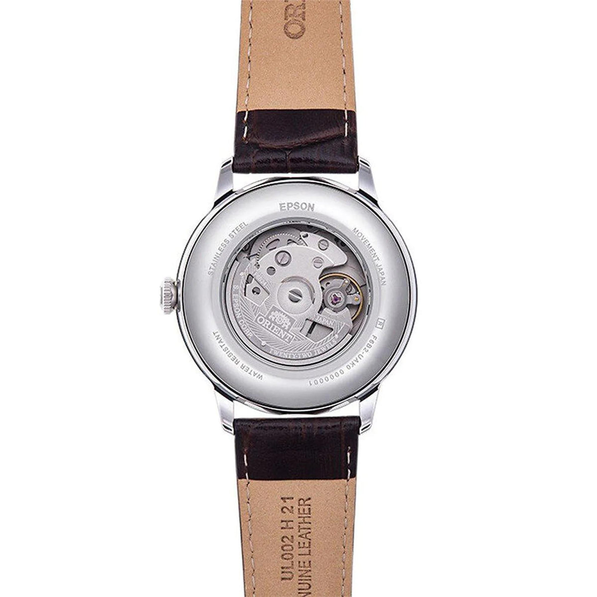 Orient Bambino Sun & Moon RA-AK0804Y30B automatic watch dial back with silver case and brown leather strap