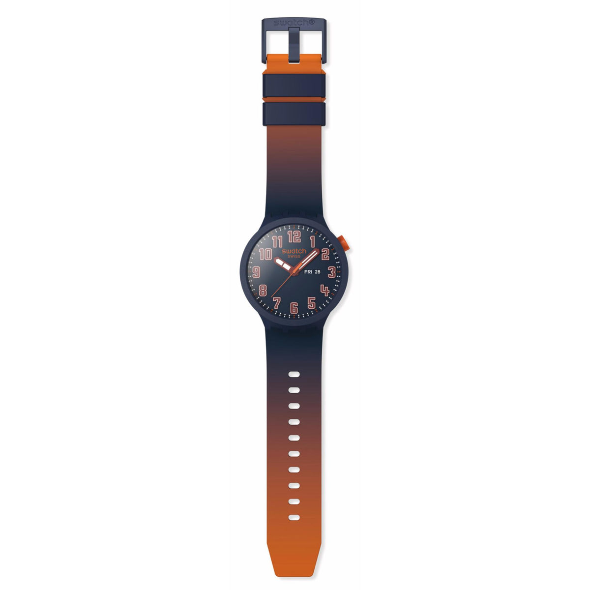 Dark blue watch with orange-accent silicone strap and dark blue dial with numerals