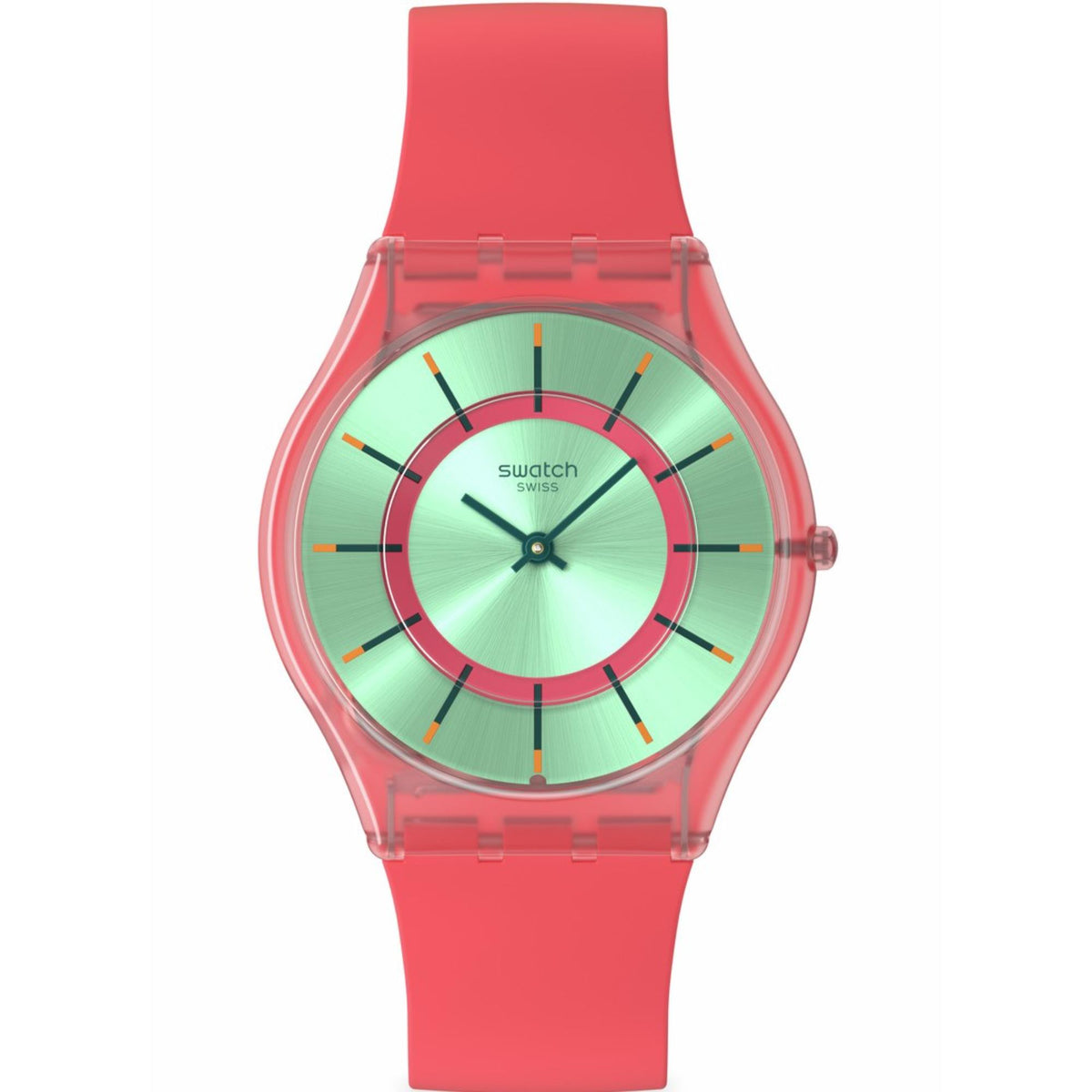 Mint green dial silicone strap watch with orange-pink translucent band