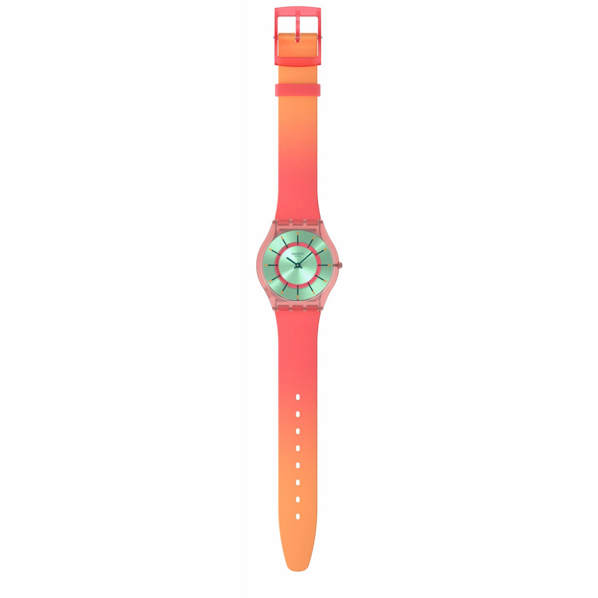 Mint dial watch on coral-red silicone strap, side view