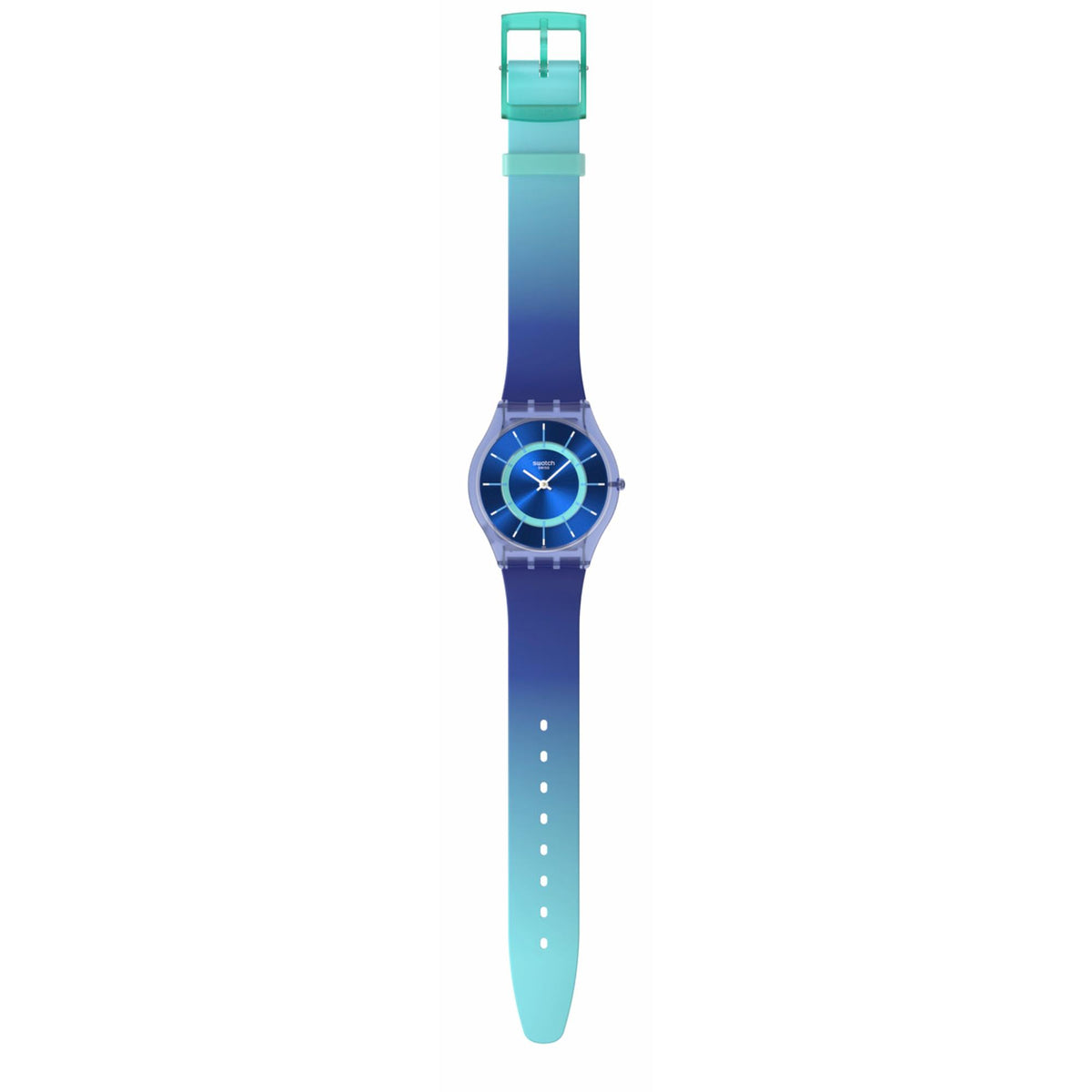 Blue silicone strap Swatch watch with blue dial and light blue accents, long vertical view