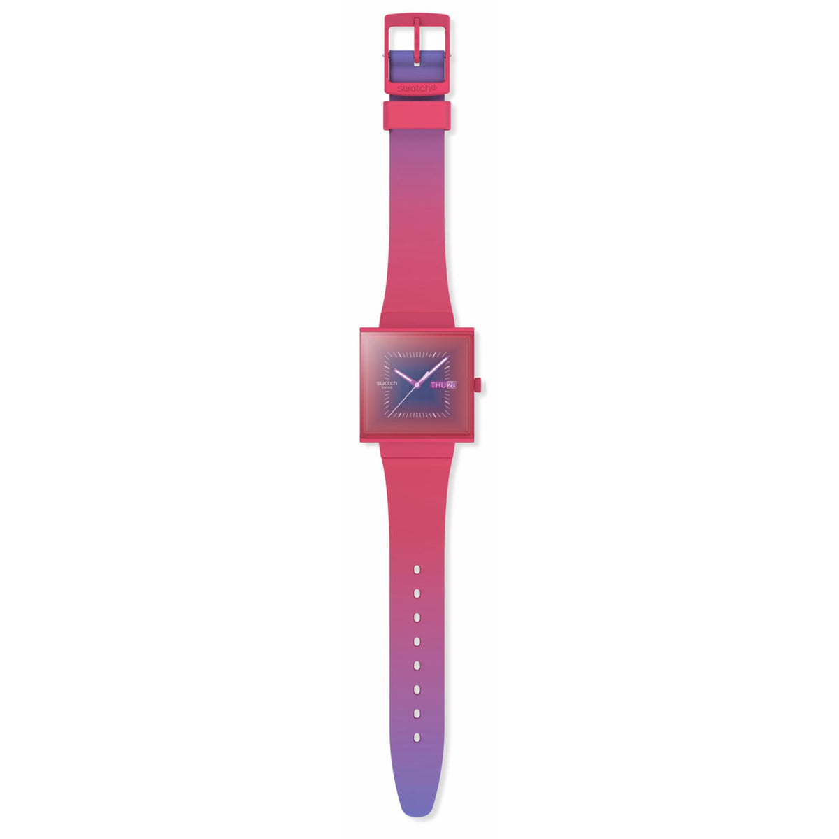 Berry pink square dial watch with pink silicone strap, shown front view