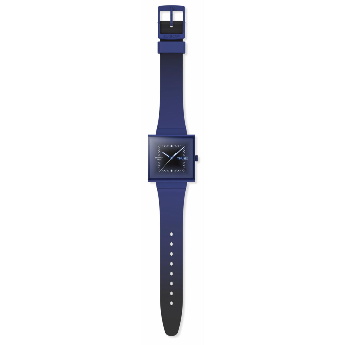 Dark blue square watch with silicone strap and analog dial with white markers