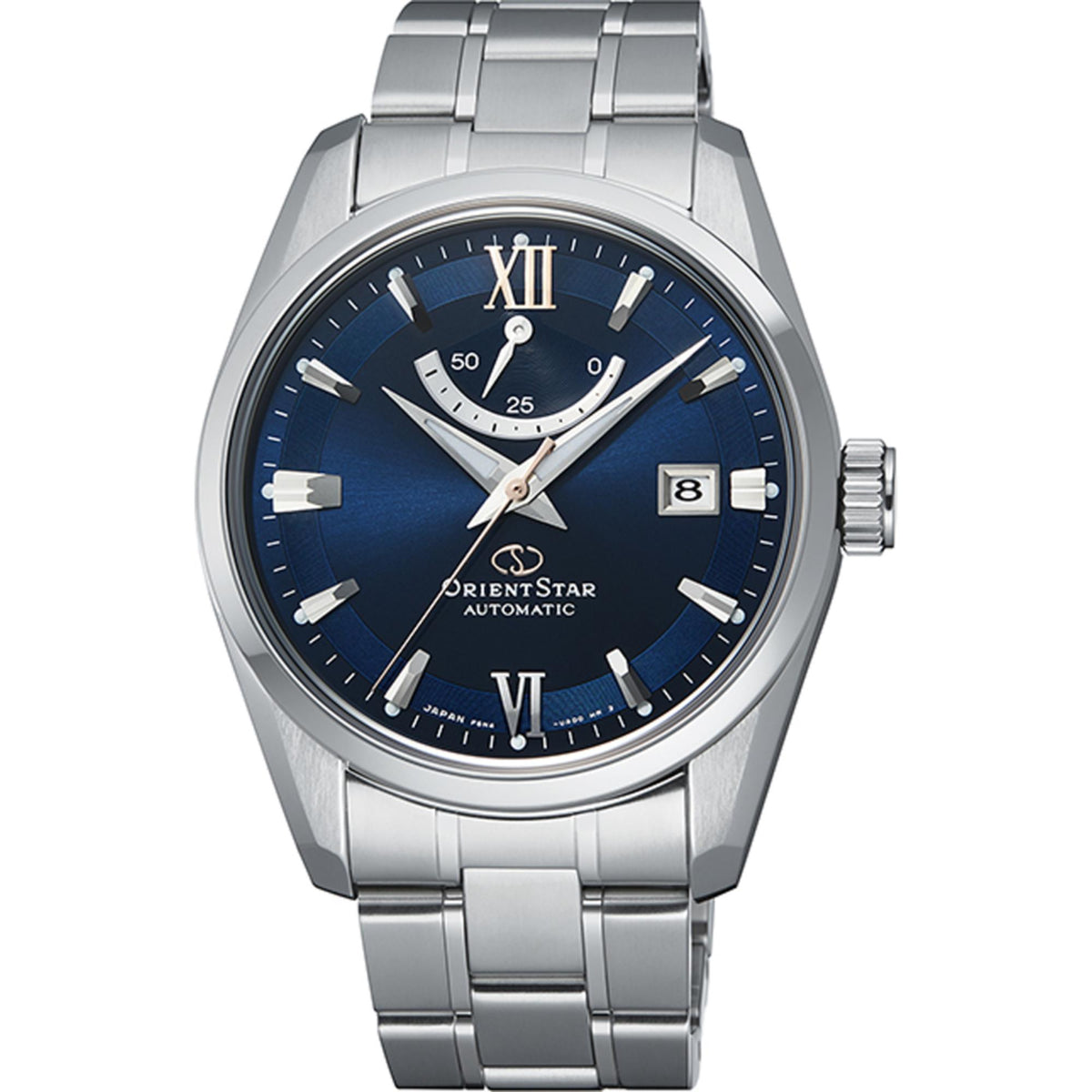 Men's automatic steel watch with blue dial, roman numerals, power reserve subdial