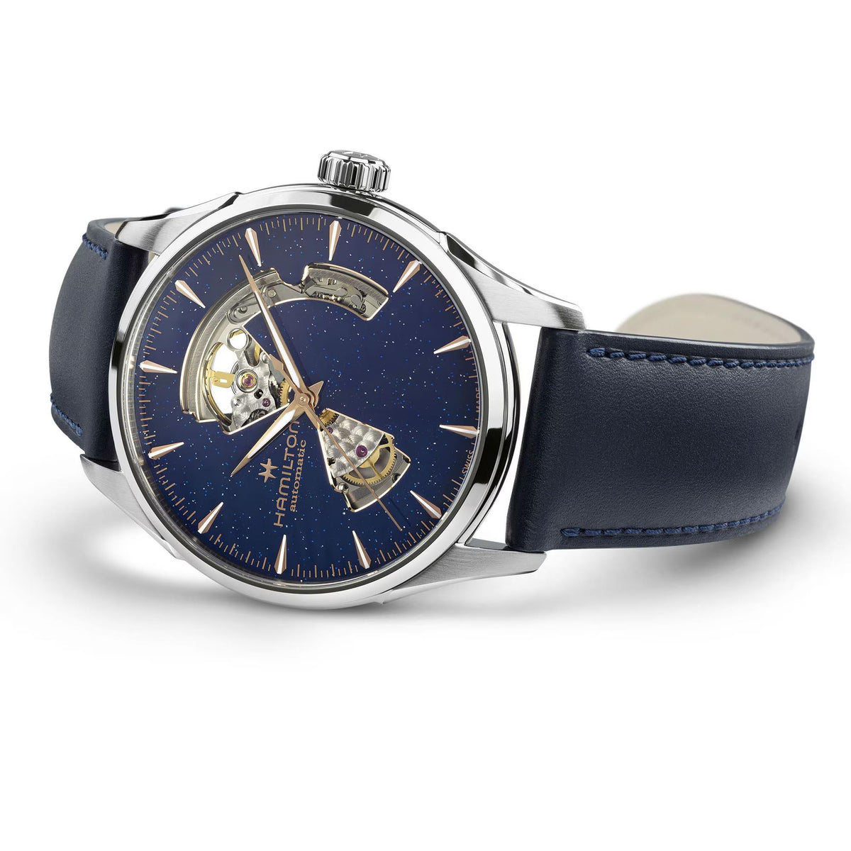 Hamilton Jazzmaster H32705640 42mm mens timepiece angled view displaying cutaway blue dial and polished steel case
