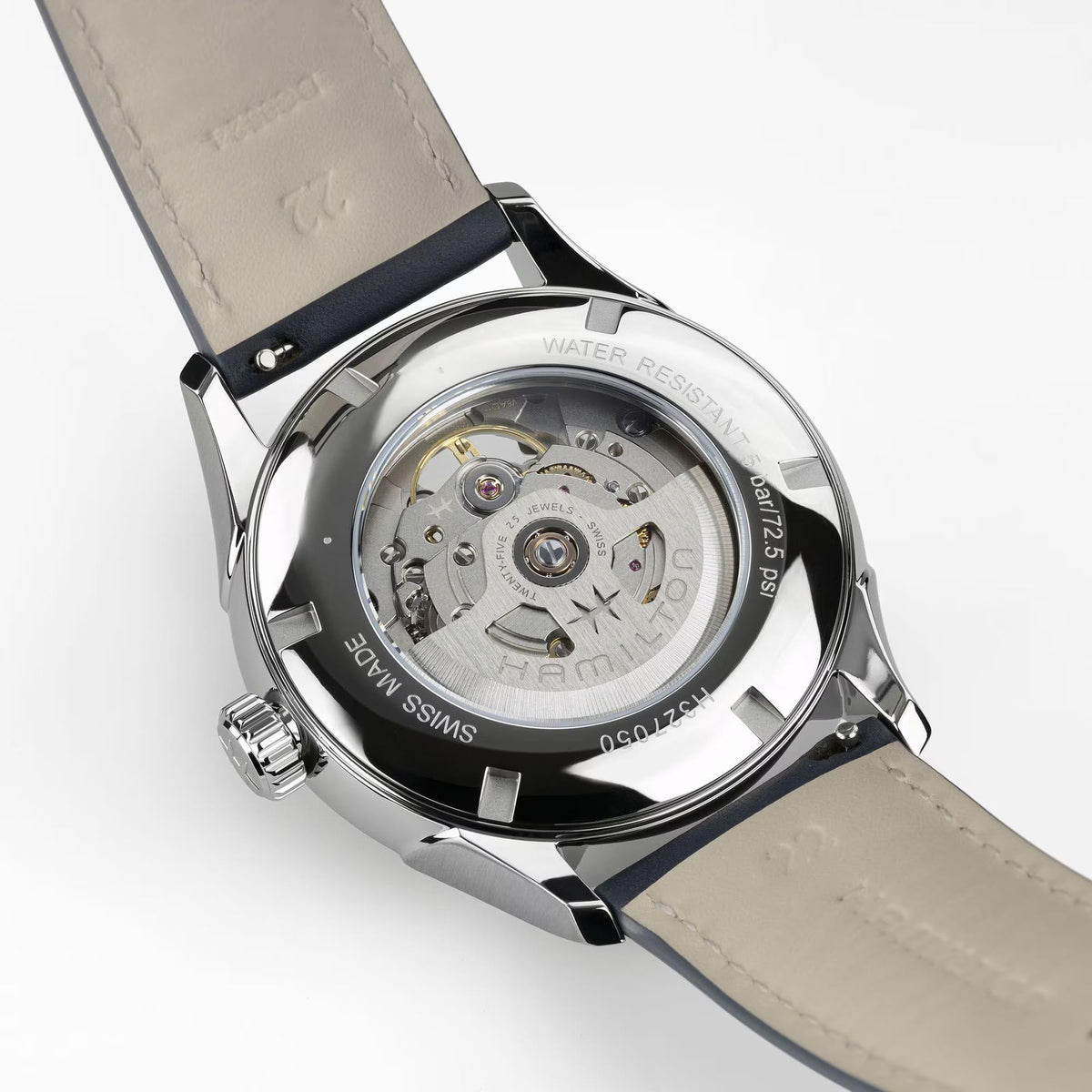 Hamilton Jazzmaster H32705640 mens automatic watch caseback view showcasing transparent exhibition back and visible winding rotor