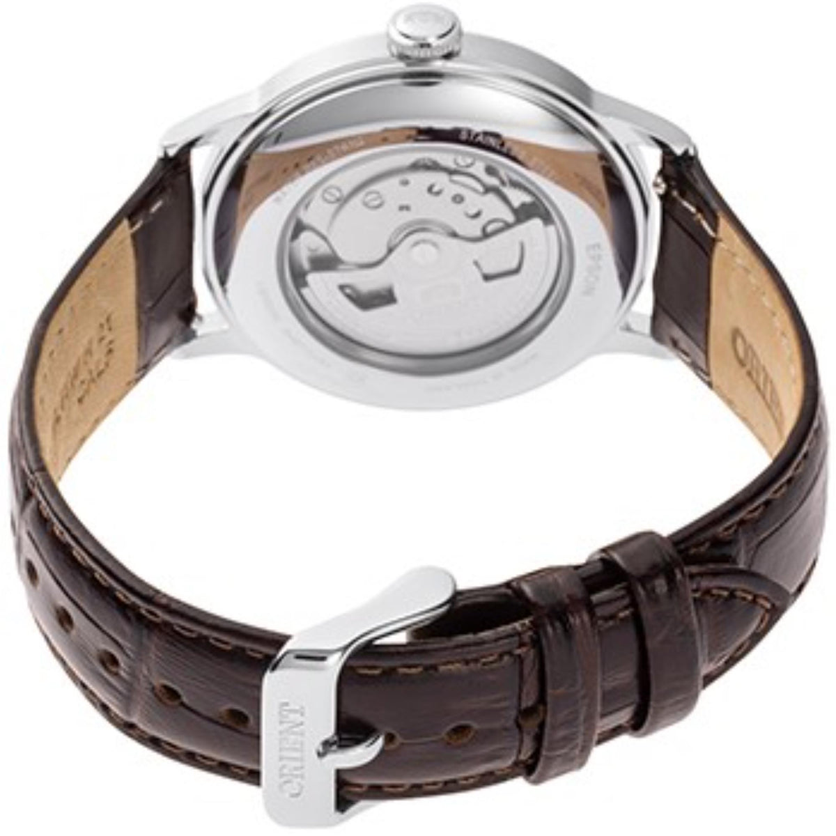 Orient Bambino automatic watch RA-AC0023E30B, back with silver caseback and brown leather strap buckle