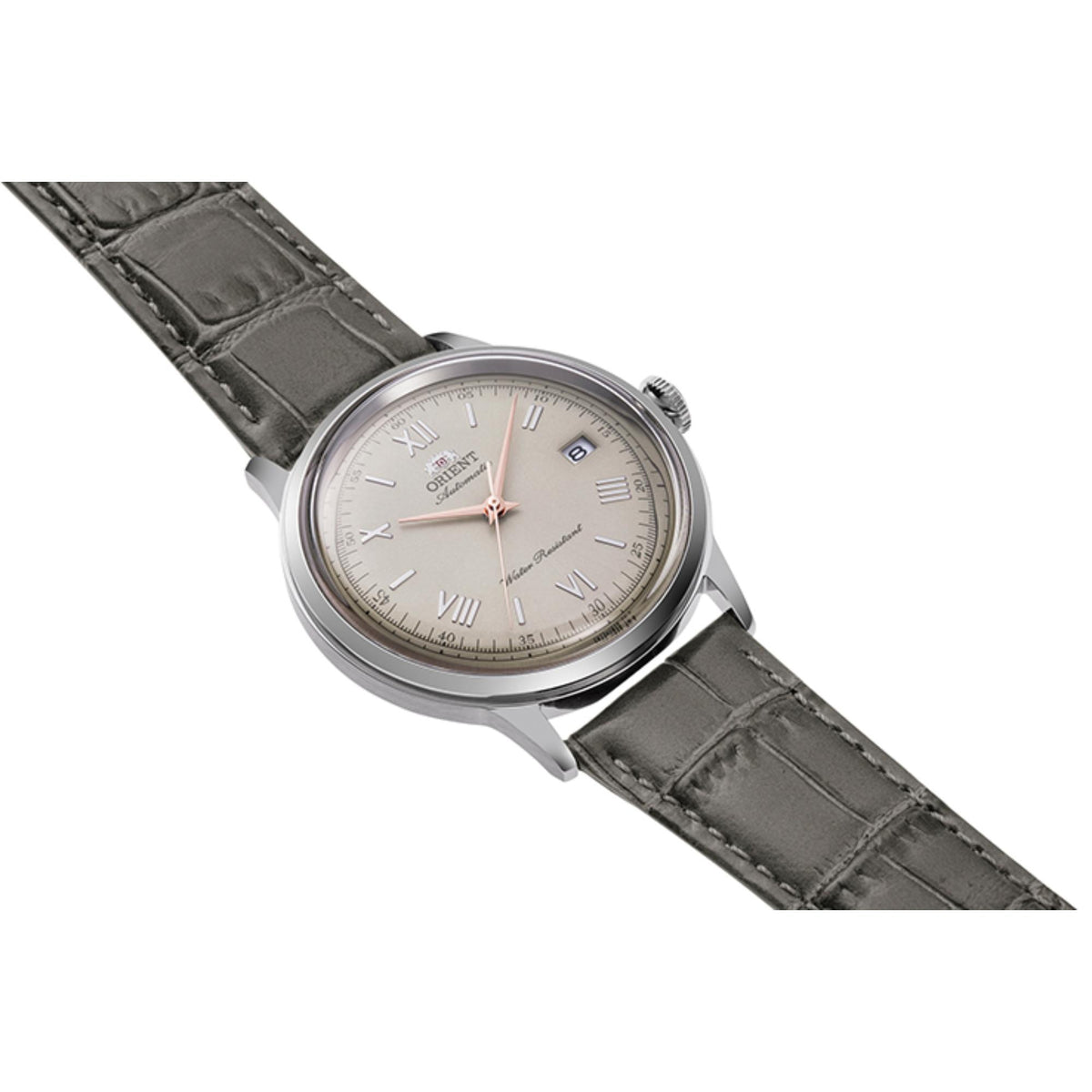 Orient Bambino Classic mens dress watch RA-AC0025N30B with green leather strap and stainless steel case on a white background