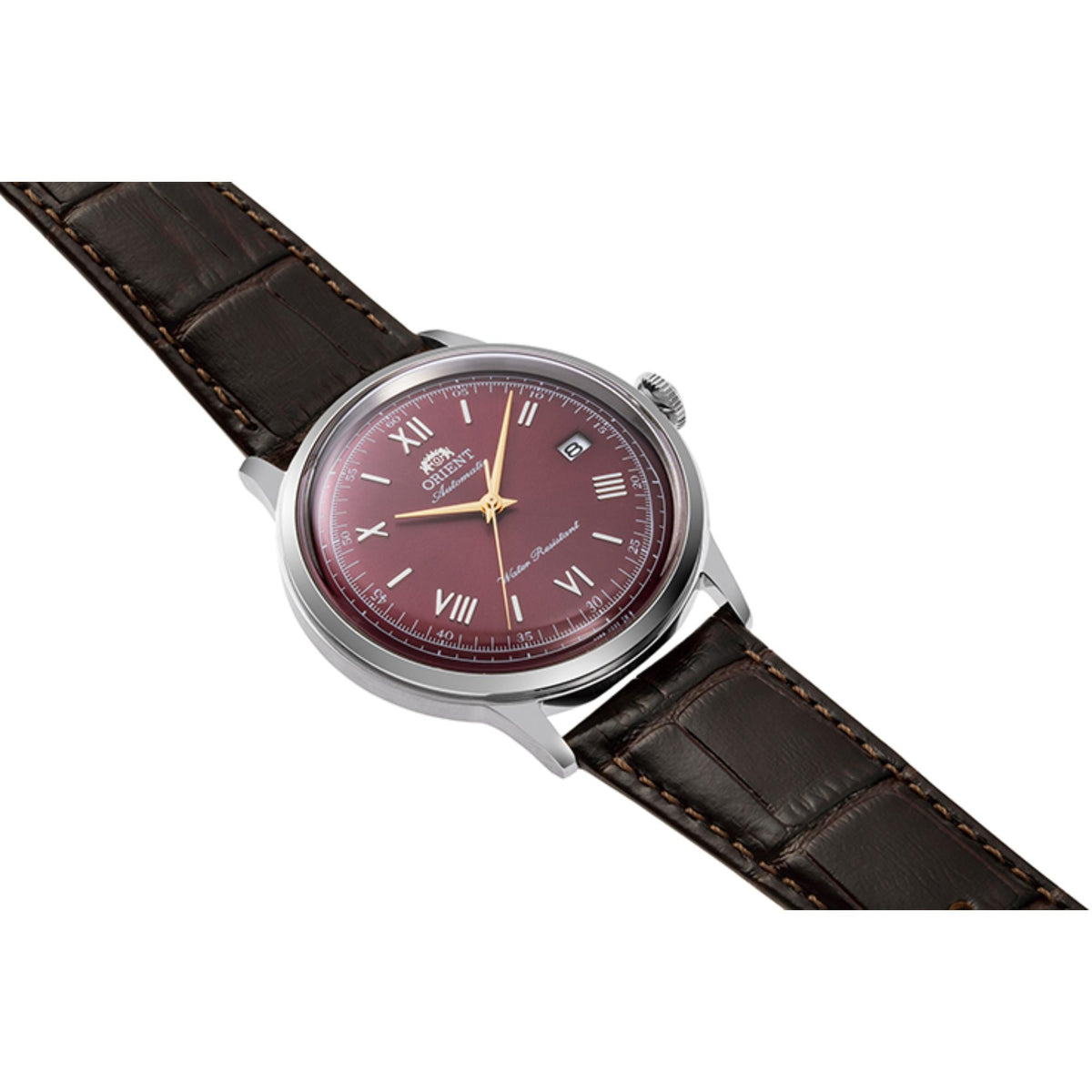 Orient RA-AC0026R30B Bambino Classic Automatic Watch with bordeaux red dial and brown leather strap