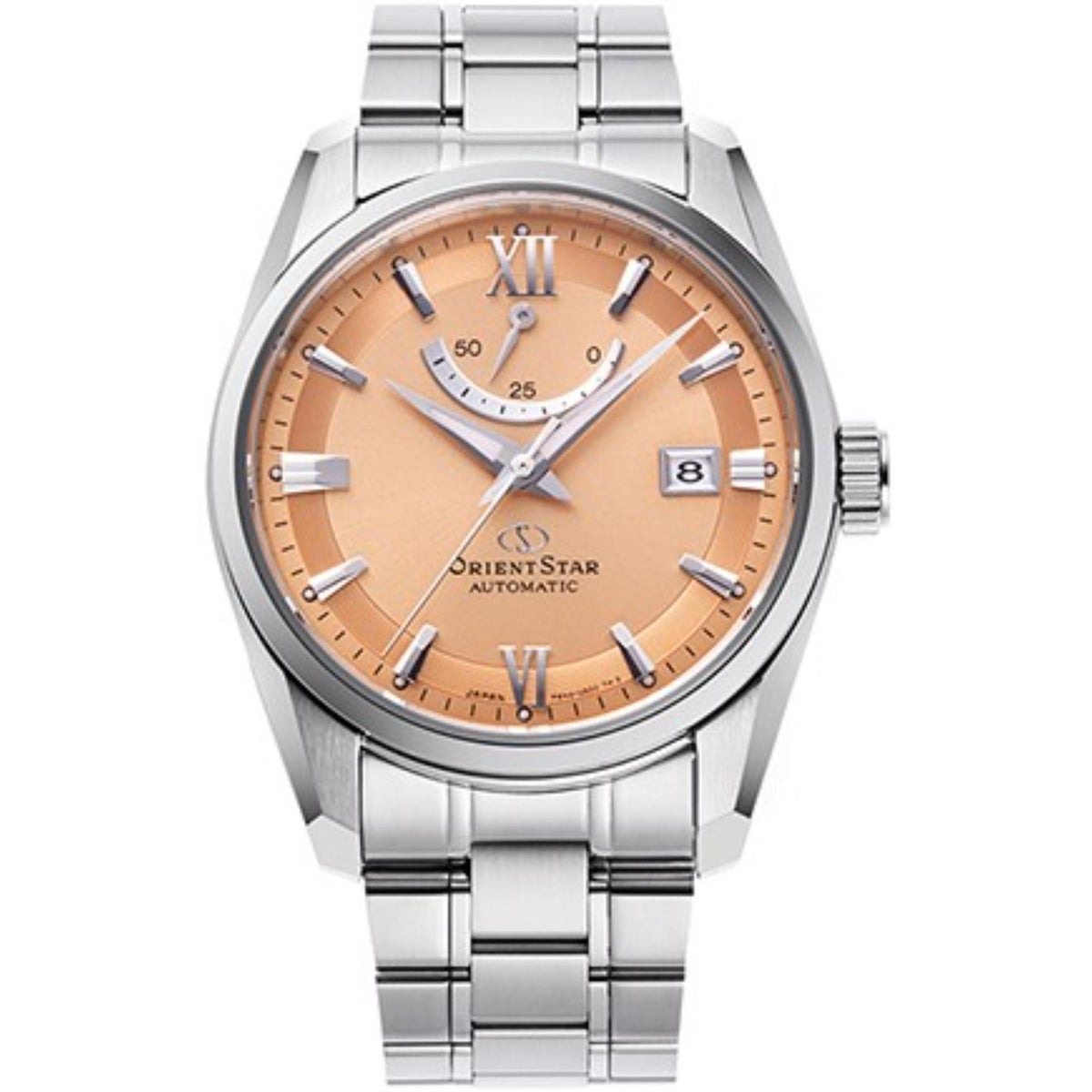 Orient Star automatic watch with copper dial and stainless steel bracelet, round case