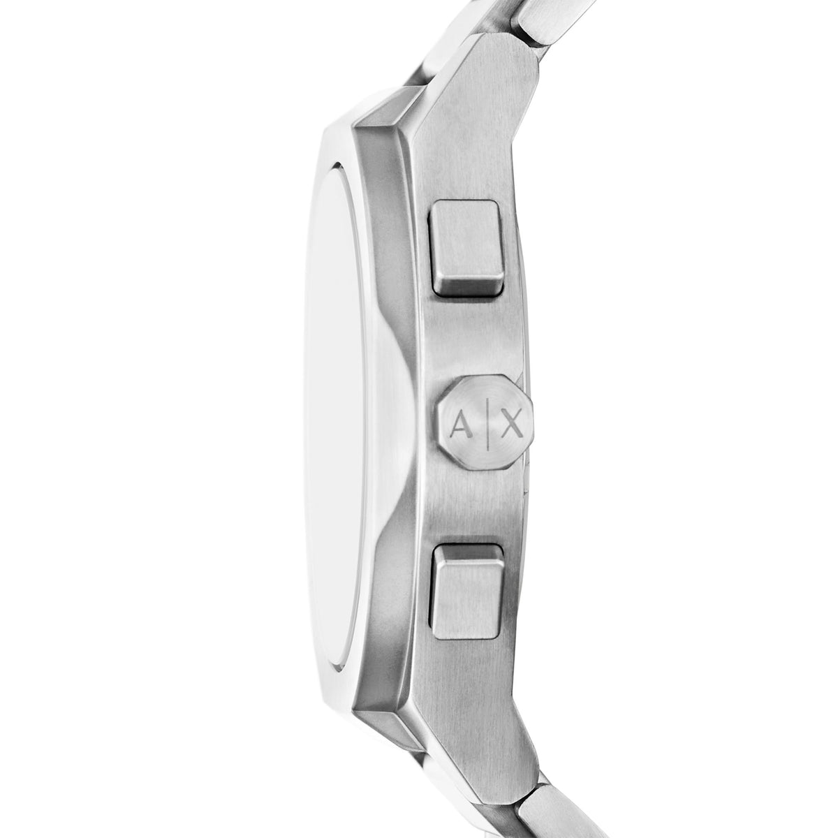 Armani Exchange Rafael AX4186 side profile view highlighting steel case construction, crown, and pushers