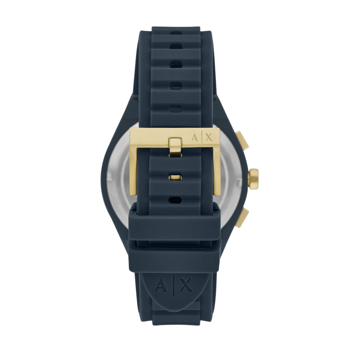 Armani Exchange Rafael AX4168 silicone strap mens watch with gold buckle and engraved case back