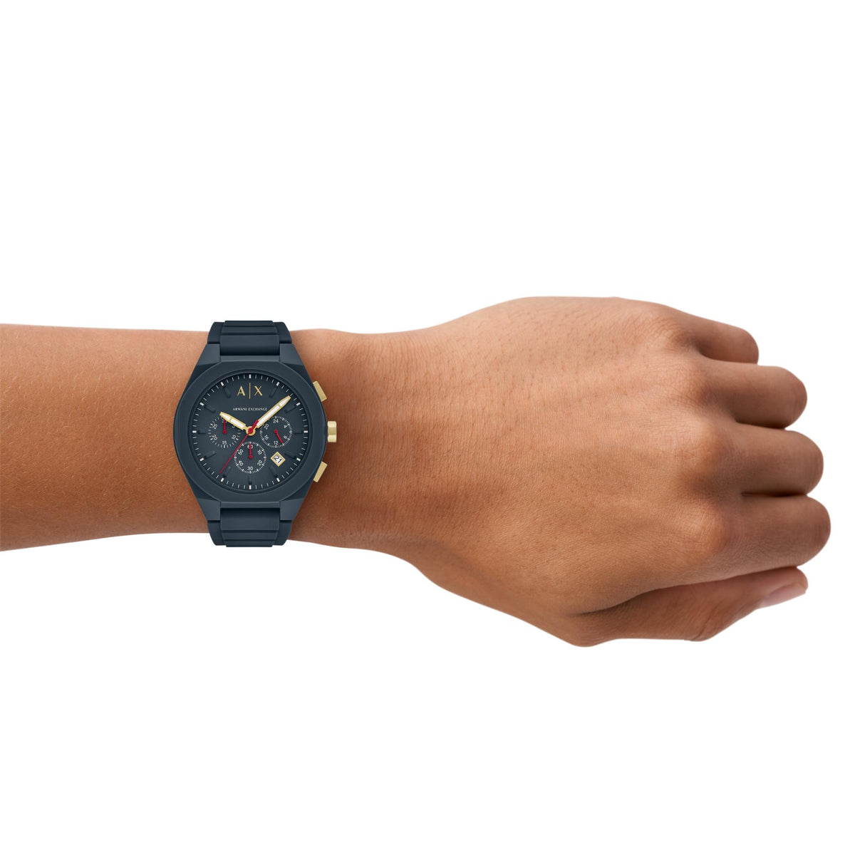 Armani Exchange Rafael blue dial chronograph watch worn on wrist showing comfortable silicone band fit