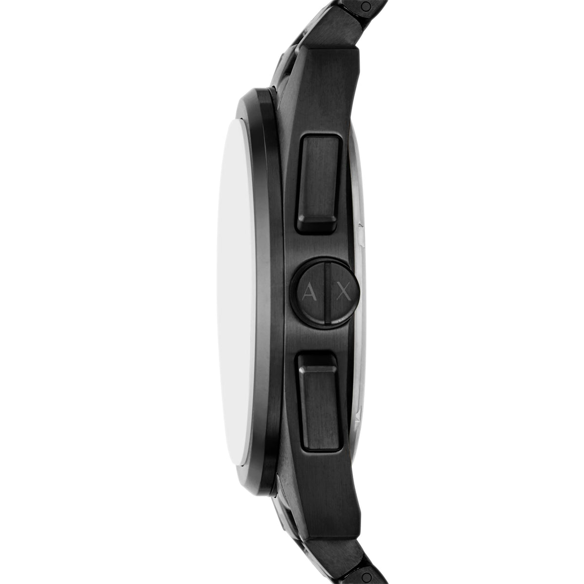 Side view of Armani Exchange Parker mens quartz chronograph watch highlighting 42mm case thickness and crown