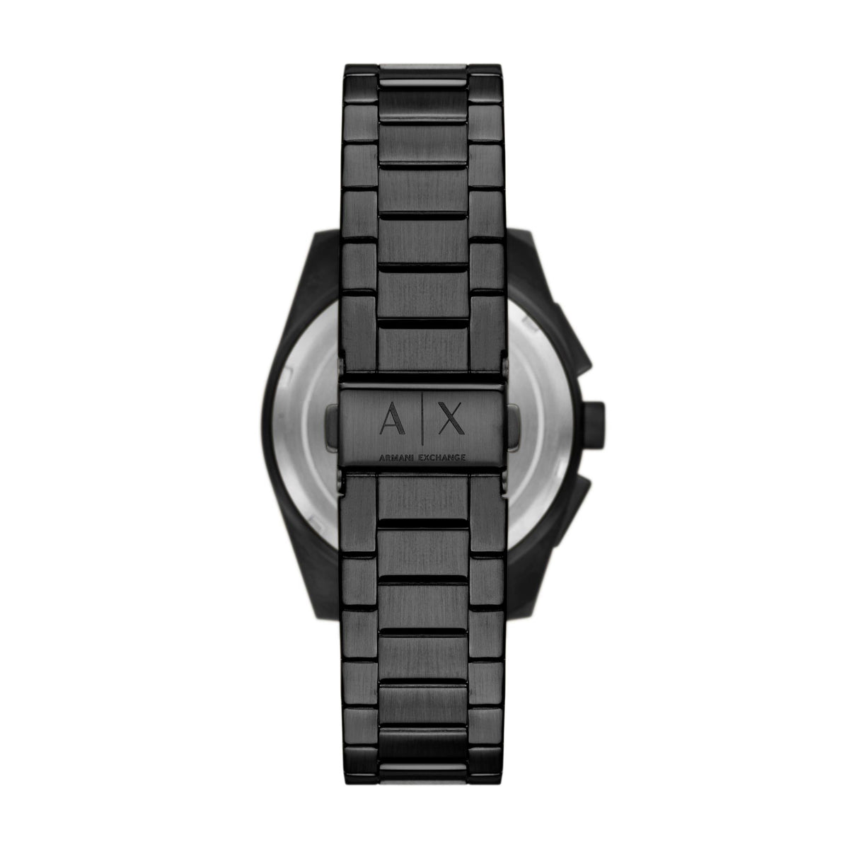 Armani Exchange Parker AX2864 black stainless steel link bracelet and engraved case back detail
