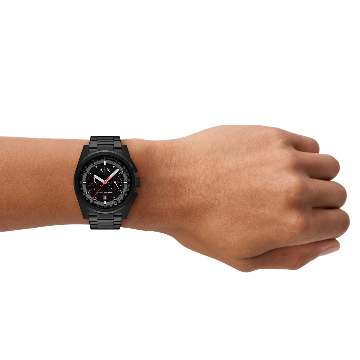 Armani Exchange Parker 42mm black dial chronograph watch worn on wrist showcasing masculine style