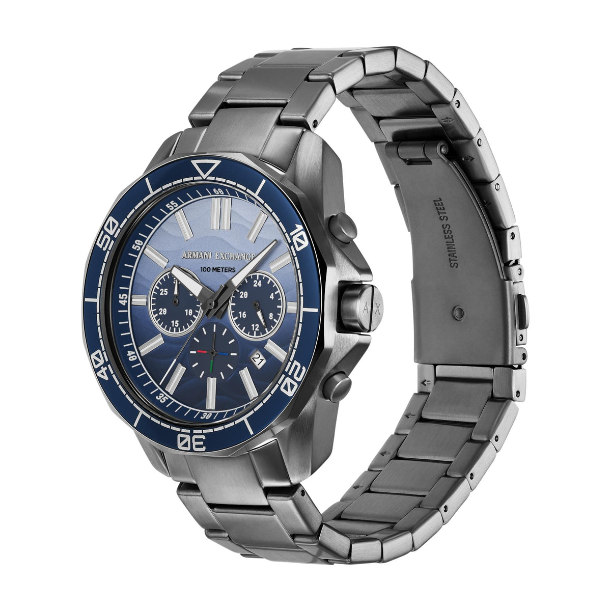 Men's chronograph watch with blue dial, steel bracelet and multiple pushers