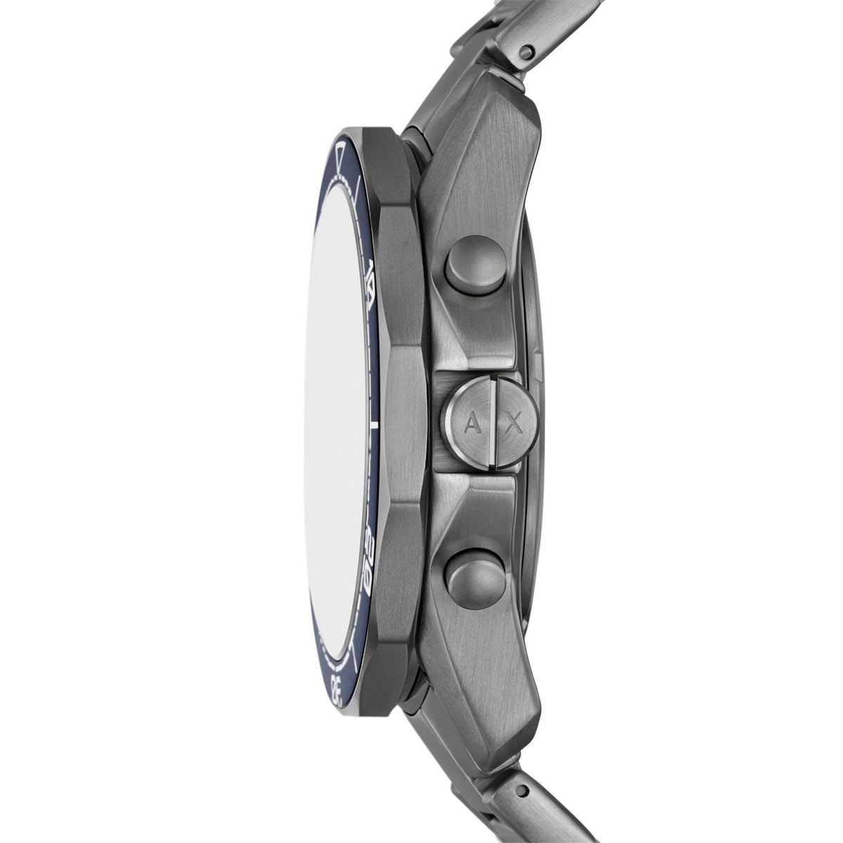 Stainless steel chronograph watch case with blue dial edge and side buttons