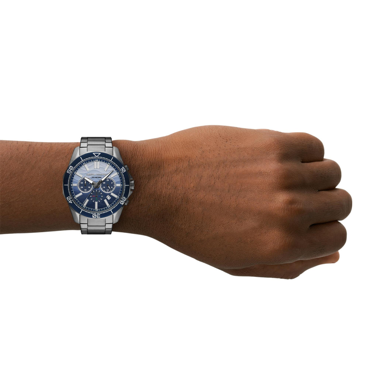Men's wristwatch with blue dial and steel bracelet, chronograph subdials visible