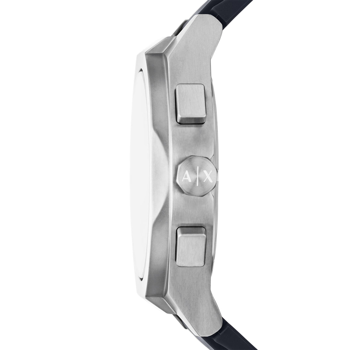 Silver-tone watch case with A/X engraving and black silicone strap end
