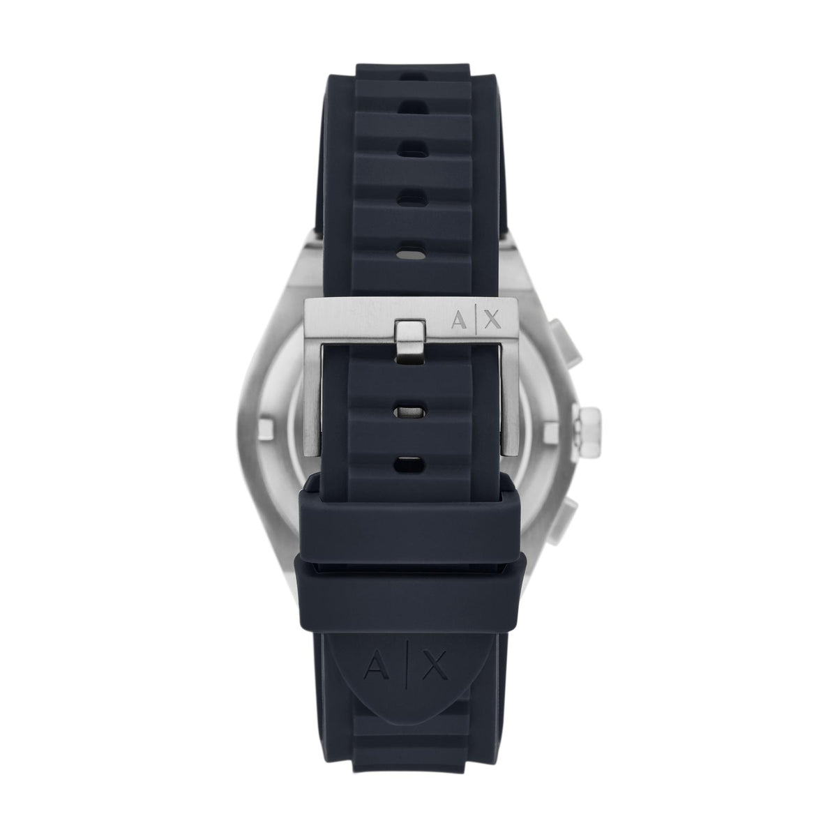 Chronograph watch back with black silicone strap and buckle clasp, silver case