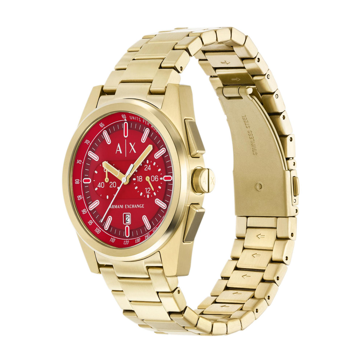 Armani Exchange chronograph watch in gold-tone steel with red dial and side buttons