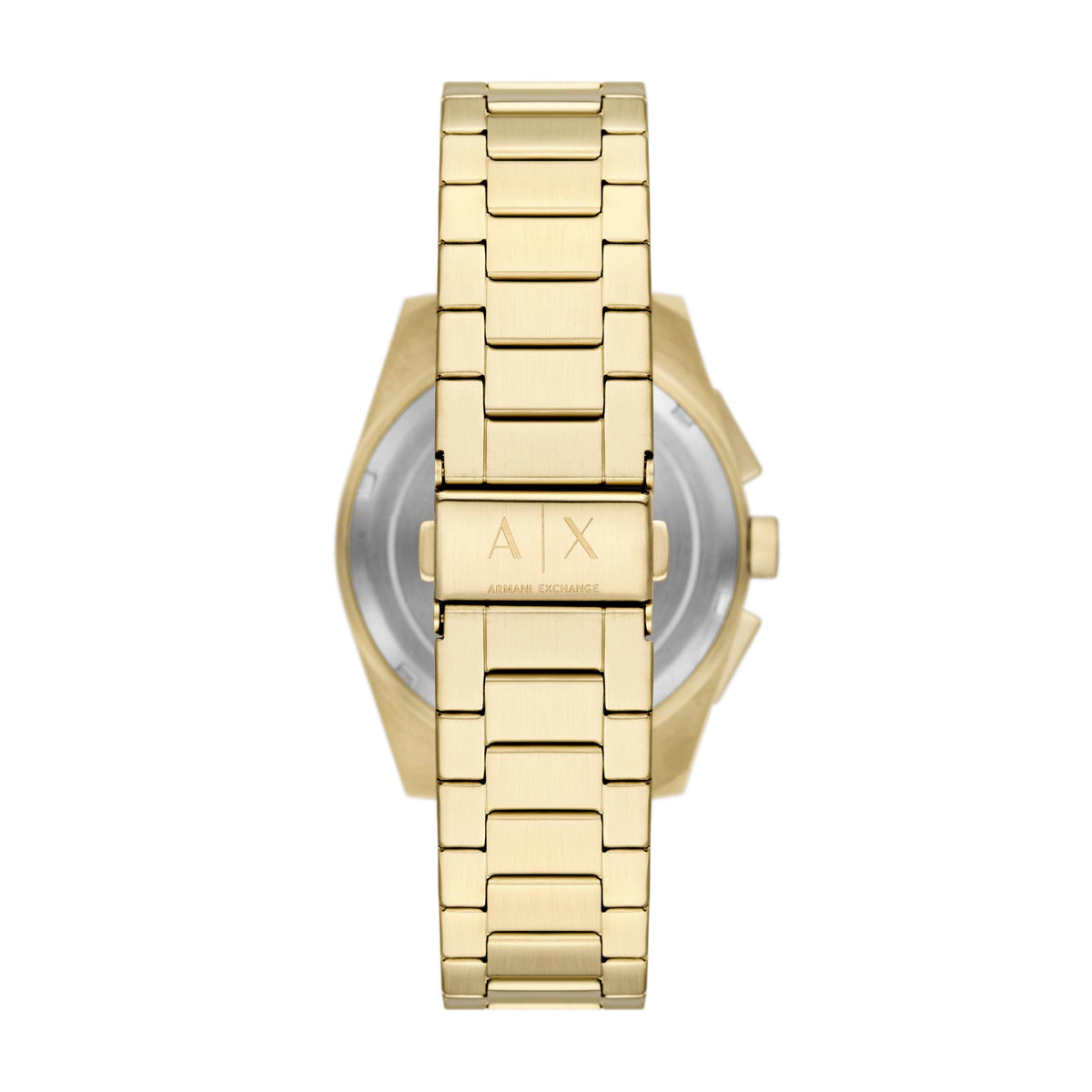 Armani Exchange chronograph watch with gold-tone steel bracelet, red dial at top